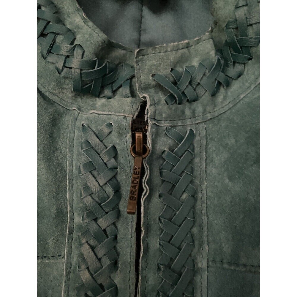 Women's Green Suede Jacket with Woven Trim - Picture 6 of 11